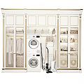 Elegant White Bathroom Cabinetry With Glass Doors Hanging Robes Storage Baskets Washer And Dryer