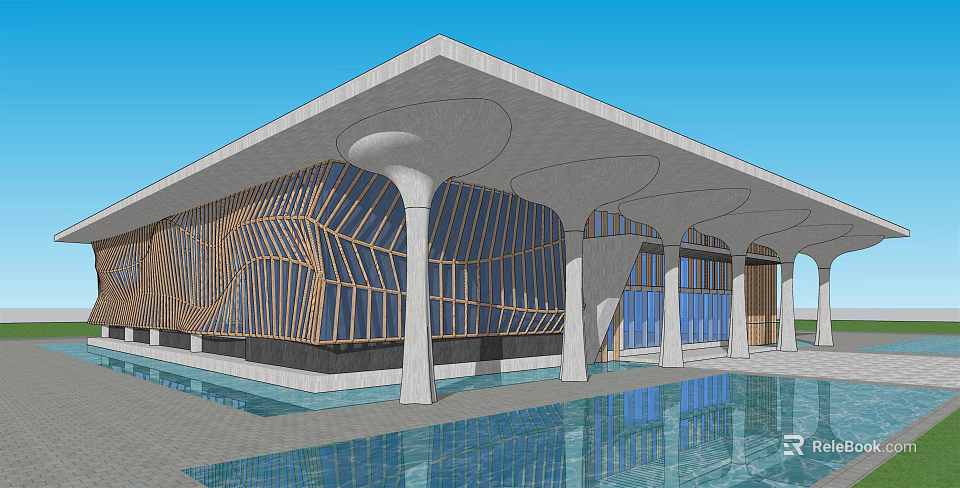 Modern Sales Office Building With Unique Roof Structure Lattice Decor And Water Feature 3d model 