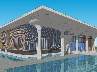 Modern Sales Office Building With Unique Roof Structure Lattice Decor And Water Feature 3d model