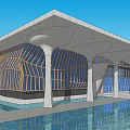 Modern Sales Office Building With Unique Roof Structure Lattice Decor And Water Feature