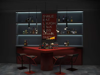 Red Bar Interior With Smile Eat Laugh Talk Drink Sign And Wine Bottles On Shelves 3d model
