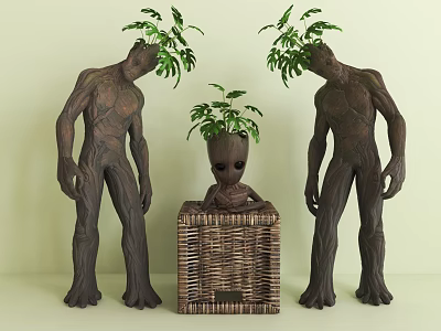 Bonsai Potted Plant in Woven Basket with Human Shaped Tree Sculptures 3d model