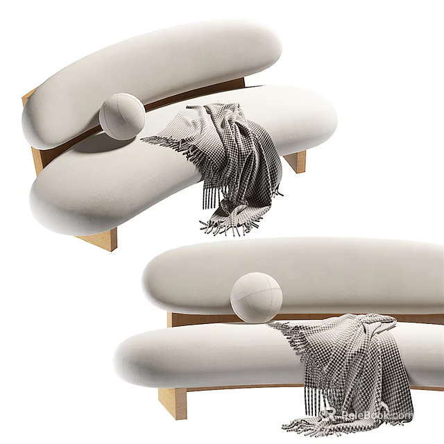 Modern Beige Fabric Multi seat Sofa With Curved Wooden Legs And Throw Blanket 3d model 