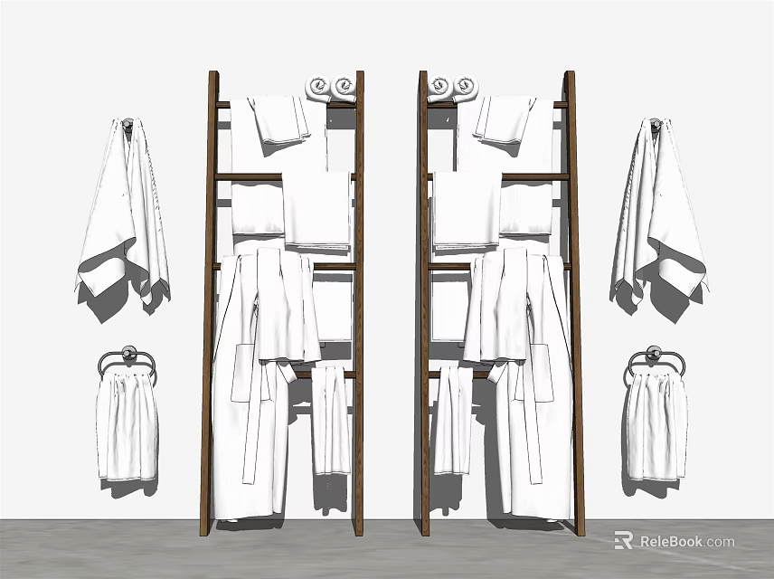 Wooden Bathroom Cabinet Rack with Hanging Towels Bathrobes and Side Hooks 3d model 