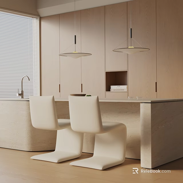 Modern Kitchen Dining Table Set With Light Colored Cabinets White Chairs And Hanging Lights 3d model