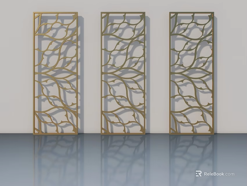 Three Panel Golden Leaf Patterned Swing Doors with Intricate Carvings and Reflections 3d model