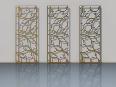 Three Panel Golden Leaf Patterned Swing Doors with Intricate Carvings and Reflections 3d model