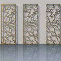Three Panel Golden Leaf Patterned Swing Doors with Intricate Carvings and Reflections 3d model