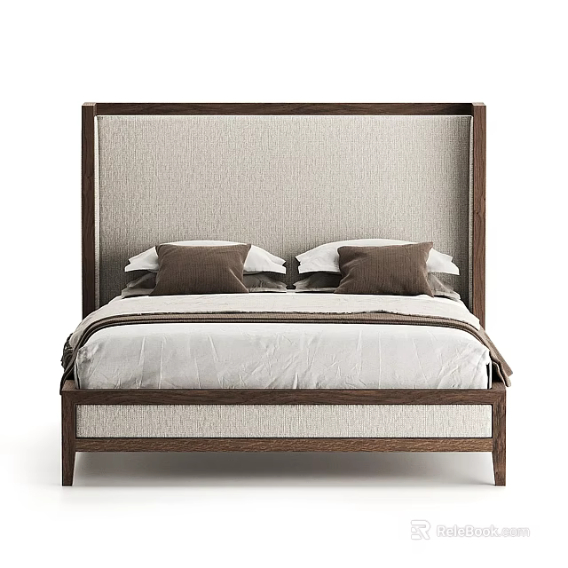 Double Bed Featuring Wooden Frame Upholstered Headboard Brown White Pillows and White Sheets 3d model 