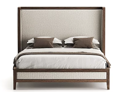 Double Bed Featuring Wooden Frame Upholstered Headboard Brown White Pillows and White Sheets 3d model