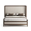 Double Bed Featuring Wooden Frame Upholstered Headboard Brown White Pillows and White Sheets