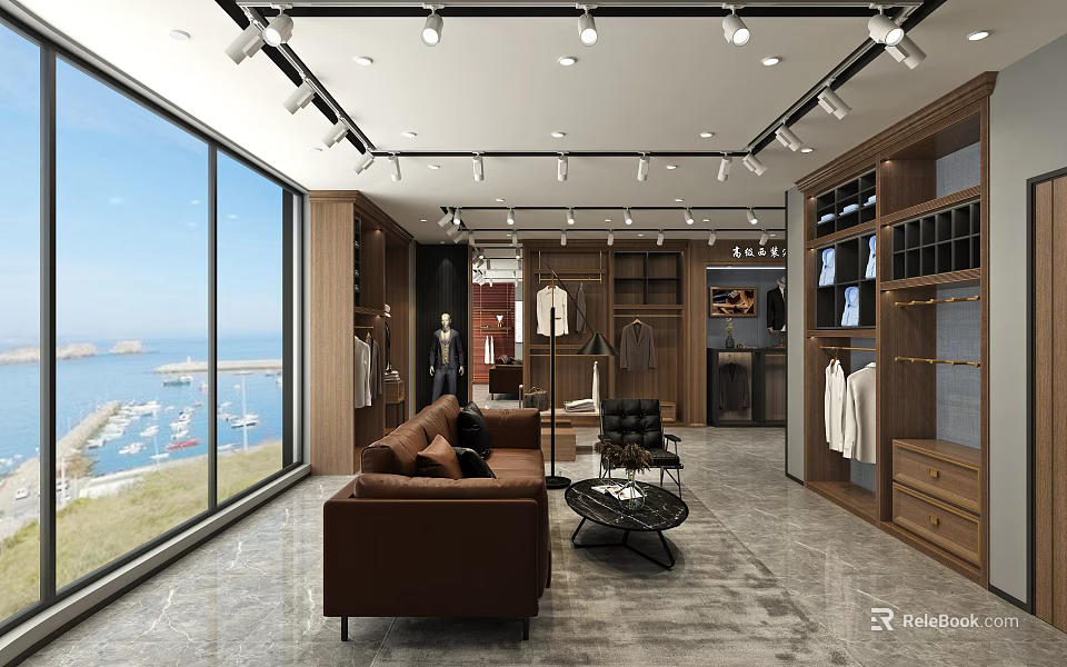 Modern Public Office Space With Large Windows Sea View Brown Sofa And Wooden Shelves 3d model 
