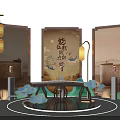 Traditional Chinese Decorative Scene With Screen Lanterns Round Table Cloud Ornaments And Calligraphy