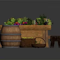 Wooden Table Decorated With Green Vegetables And Flowers Alongside Wooden Barrel And Small Plate