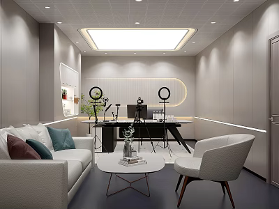 Bright Public Office Space With Sofa Armchair Coffee Table Green Plant Modern Lighting And Workstation 3d model