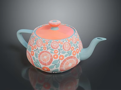 Colorful Ceramic Teapot with Blue Body Orange Lid and Floral Patterns Green Leaves Red Berries 3d model