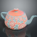 Colorful Ceramic Teapot with Blue Body Orange Lid and Floral Patterns Green Leaves Red Berries
