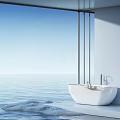 Serene Modern Bathroom With Ocean View Large Window And Freestanding Bathtub