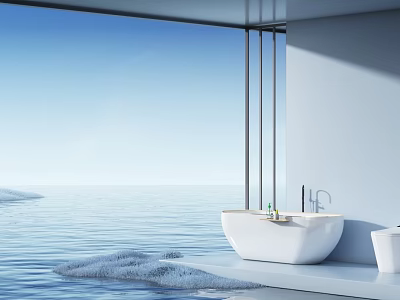 Serene Modern Bathroom With Ocean View Large Window And Freestanding Bathtub 3d model