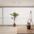 Modern Interior Space With Vertical Striped White Curtains Green Plant And Easel Near Window