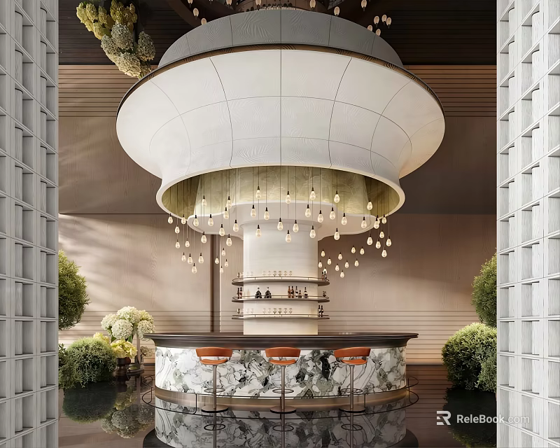 Elegant Hotel Lobby Interior With Large White Chandelier Marble Bar Counter And Green Plants 3d model 