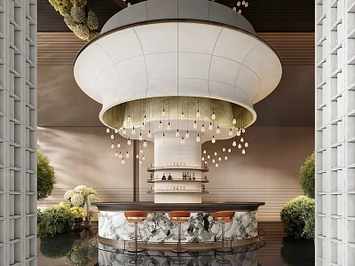 Elegant Hotel Lobby Interior With Large White Chandelier Marble Bar Counter And Green Plants 3d model