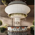 Elegant Hotel Lobby Interior With Large White Chandelier Marble Bar Counter And Green Plants
