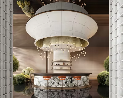 Elegant Hotel Lobby Interior With Large White Chandelier Marble Bar Counter And Green Plants 3d model