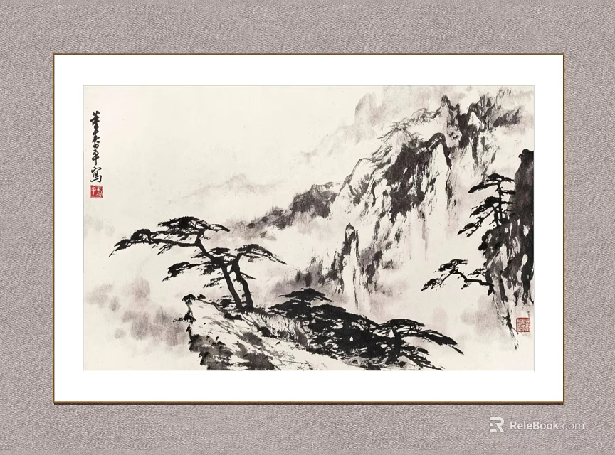 Hanging Chinese Traditional Ink Painting Featuring Pine Trees Mountain Peaks Misty Clouds And Calligraphy 3d model 