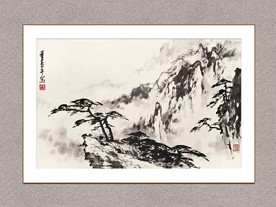 Hanging Chinese Traditional Ink Painting Featuring Pine Trees Mountain Peaks Misty Clouds And Calligraphy 3d model