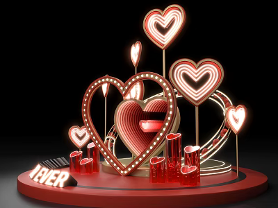 Red Illuminated Heart Shaped Art Installation With HER Lettering And Columns 3d model