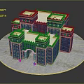 Cartoon Scene of Ancient Palace with Blue Walls Golden Decorations White Towers and Circular Platform