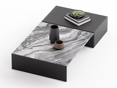Modern Coffee Table Featuring Marble Top Black Frame Black Vase Small Brown Cup And Books 3d model