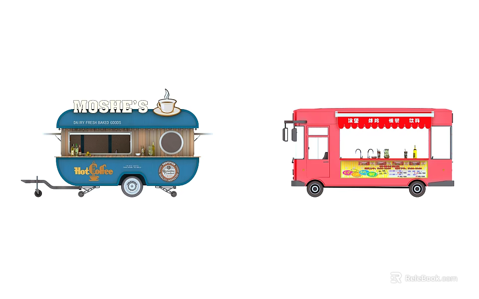 Colorful Mobile Cafe Trucks With Blue And Red Designs For Street Food Catering Service 3d model 