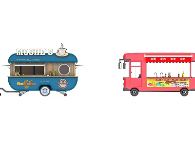 Colorful Mobile Cafe Trucks With Blue And Red Designs For Street Food Catering Service 3d model