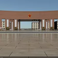 Campus School Building with Red Archway Five Pointed Star Front Plaza and Teaching Buildings