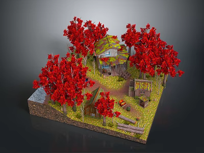 3D Model of Natural Outdoor Scene With Red Trees and Small Houses 3d model
