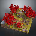 3D Model of Natural Outdoor Scene With Red Trees and Small Houses