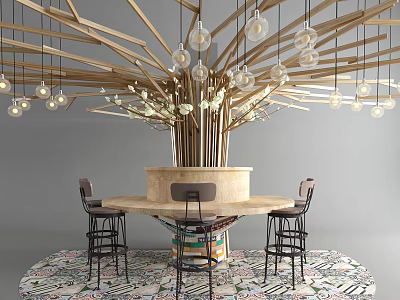 Modern Bar Counter Interior With Round Top Bar Stools And Pendant Lights 3d model