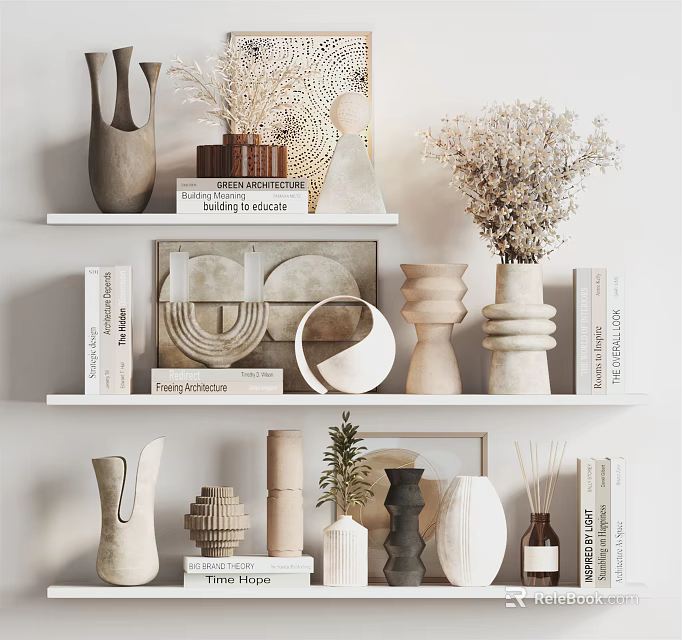 Minimalist Various Shaped Decorative Ornaments Collection On Shelves With Dried Flowers And Books 3d model 