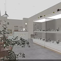 Modern Dessert Shop Exterior With Glass Facade LOGO Sign Wooden Stairs And Interior Lighting