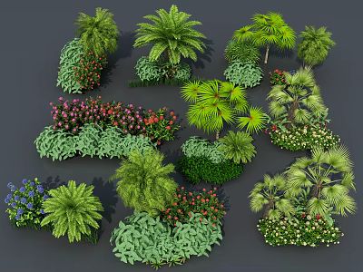 Diverse Flowers And Plants Collection With Palm Trees Shrubs And Colorful Blooms 3d model