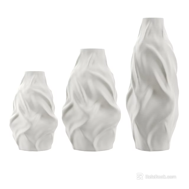 White Ceramic Vessels with Wavy Textured Design Three Different Sizes Decorative Pieces 3d model