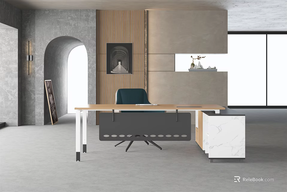Minimalist Modern Office Desk With Dark Chair Wooden Wall And Marble Countertop 3d model 