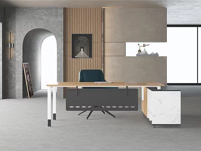Minimalist Modern Office Desk With Dark Chair Wooden Wall And Marble Countertop 3d model