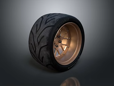 Black Car Tire With Gold Spoke Wheel Rim And Tread Pattern Design Car Parts 3d model
