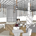 Modern Café Interior Design With Perforated Ceiling Hanging Lights And Counter Seating