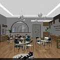 Preschool Classroom with Bright Tables Chairs Bookshelves Pendant Lights and Wooden Floor