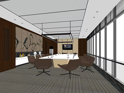 Modern Spacious Conference Room With Round Table Large Windows Decorative Wall And Leather Chairs 3d model