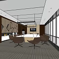 Modern Spacious Conference Room With Round Table Large Windows Decorative Wall And Leather Chairs